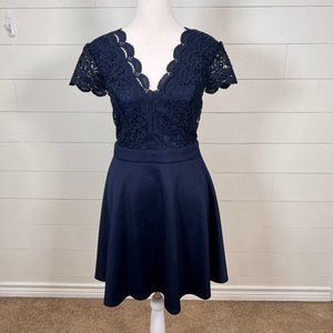 B Darlin Navy Special Occasion Open Back Dress with Floral Lace Bodice S…